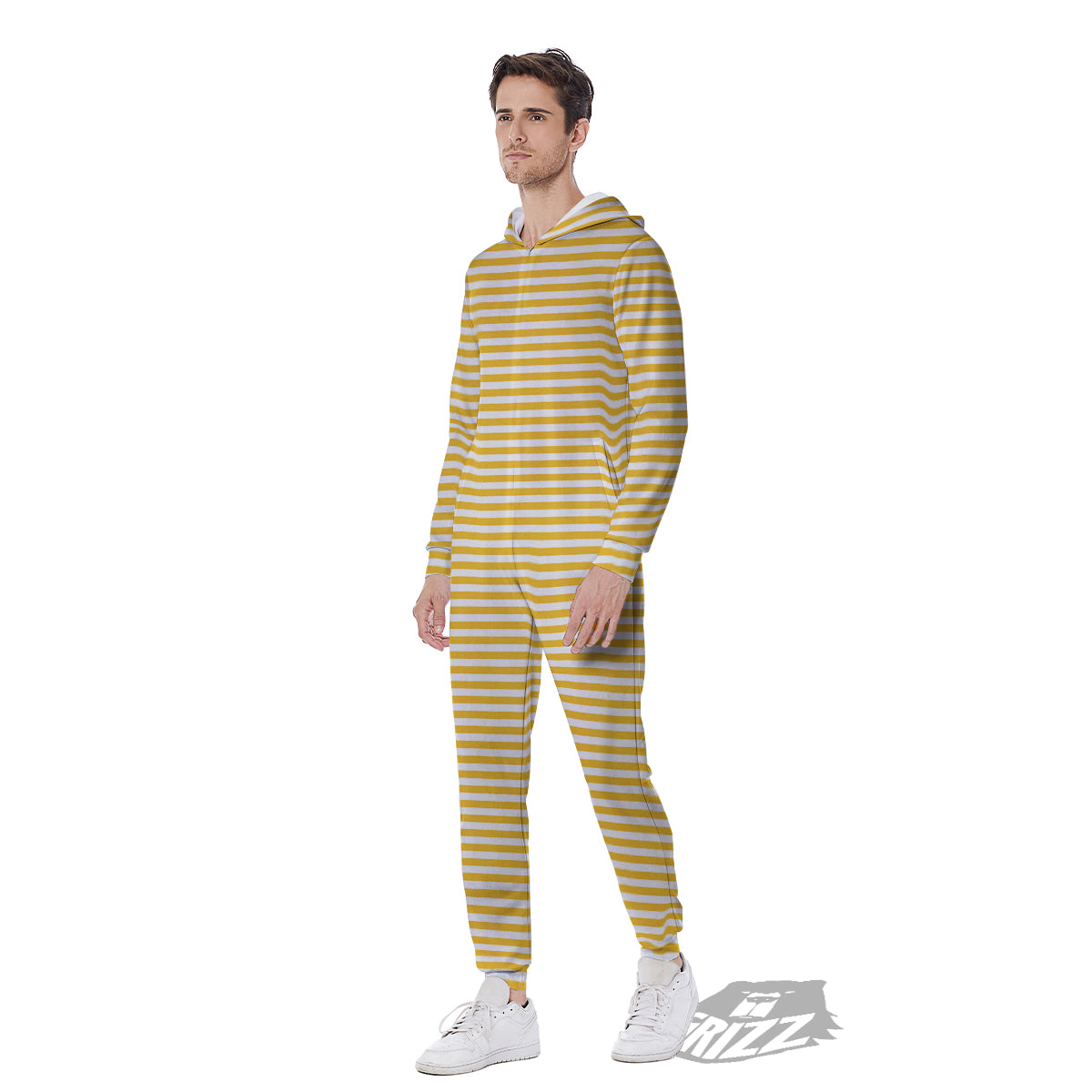 Striped Yellow And White Print Pattern Men's Jumpsuit-grizzshop