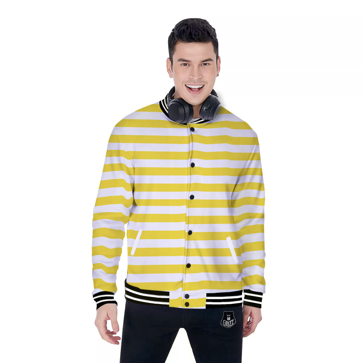 Striped Yellow Print Pattern Baseball Jacket-grizzshop