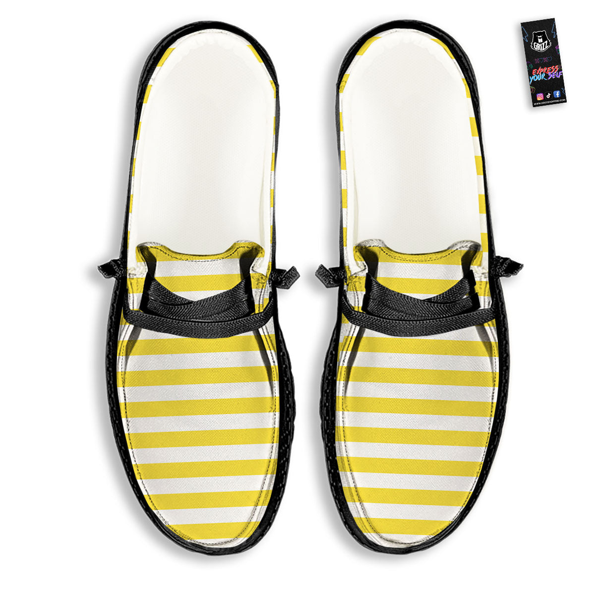 Striped Yellow Print Pattern Black Loafers-grizzshop