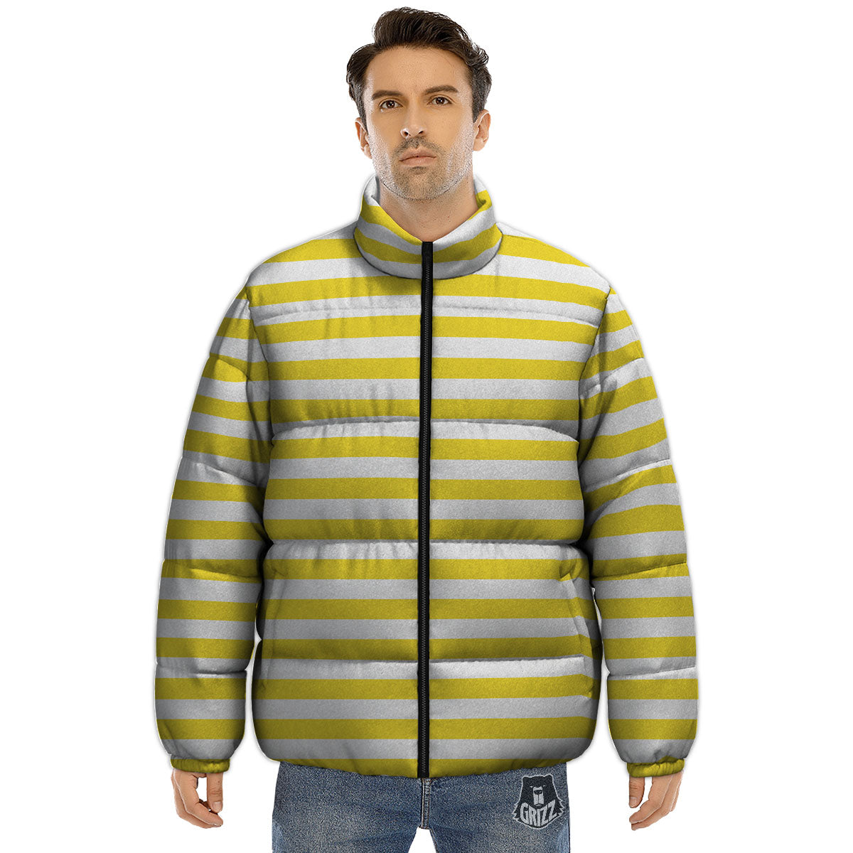 Striped Yellow Print Pattern Puffer Jacket-grizzshop