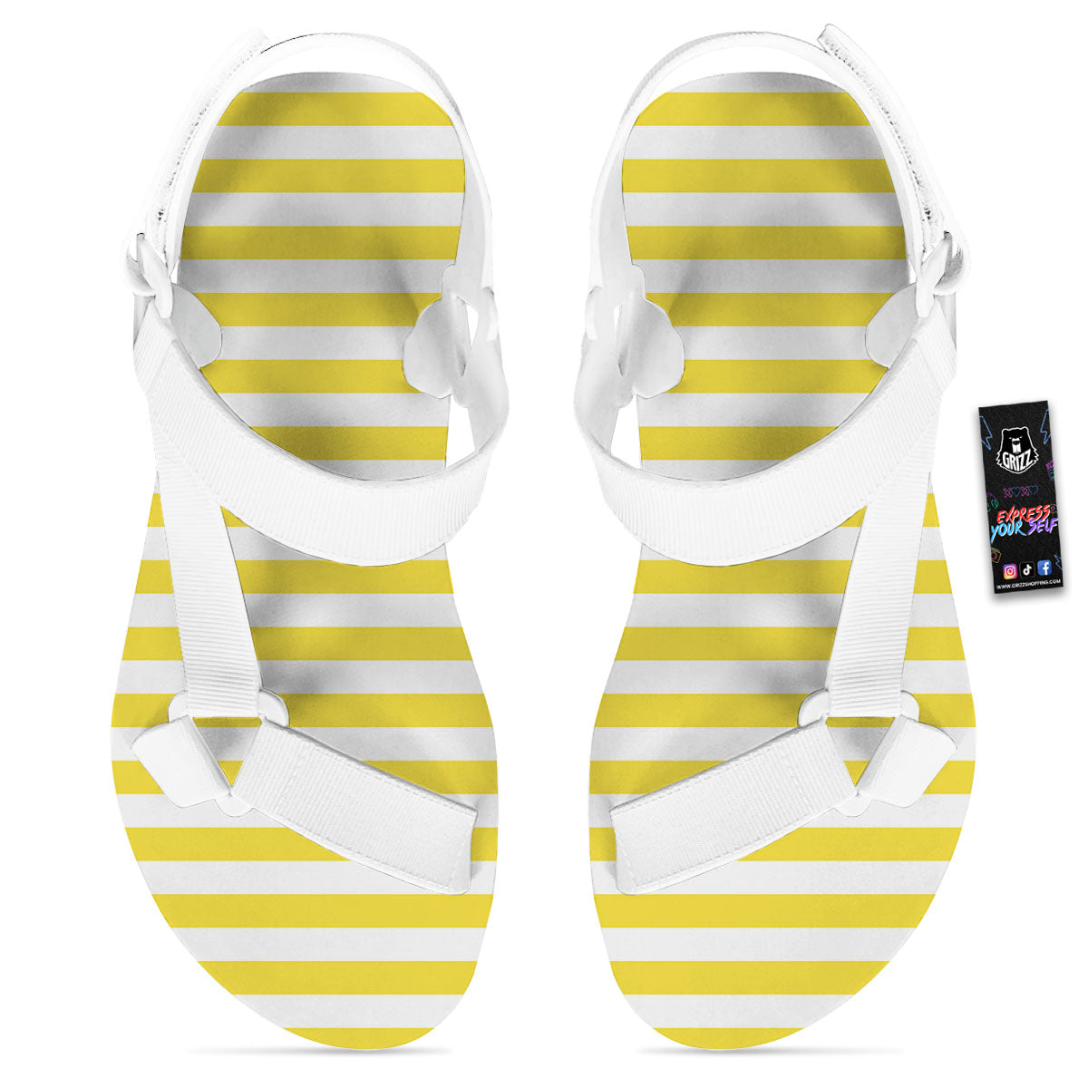 Striped Yellow Print Pattern White Open Toe Sandals-grizzshop
