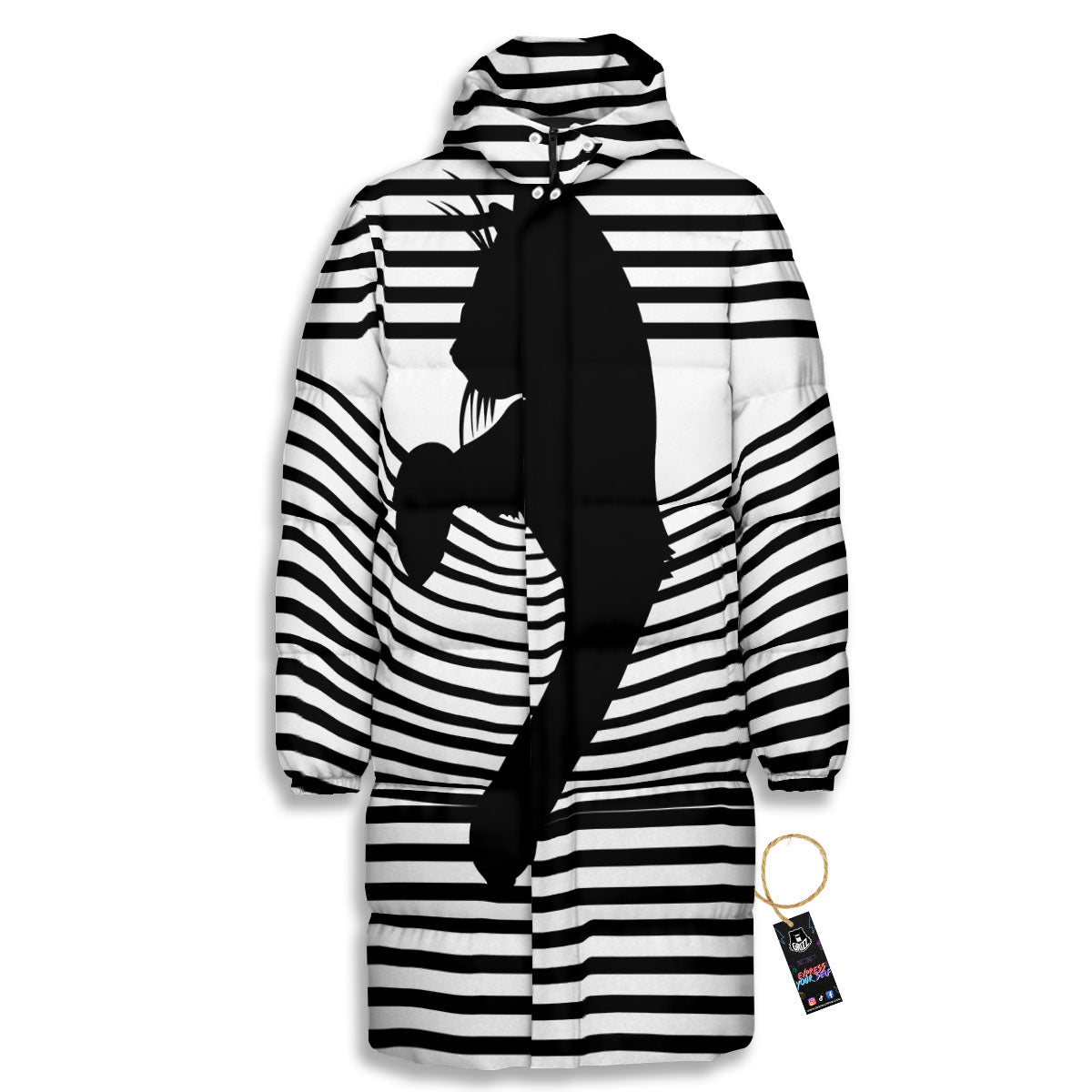 Striped Black Cat Print Long Down Jacket
