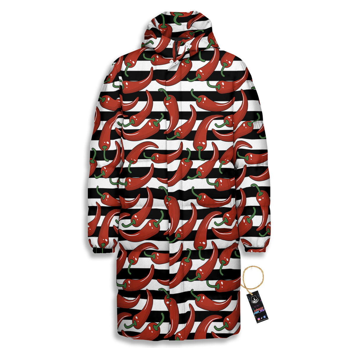 Striped Chili White And Black Print Long Down Jacket