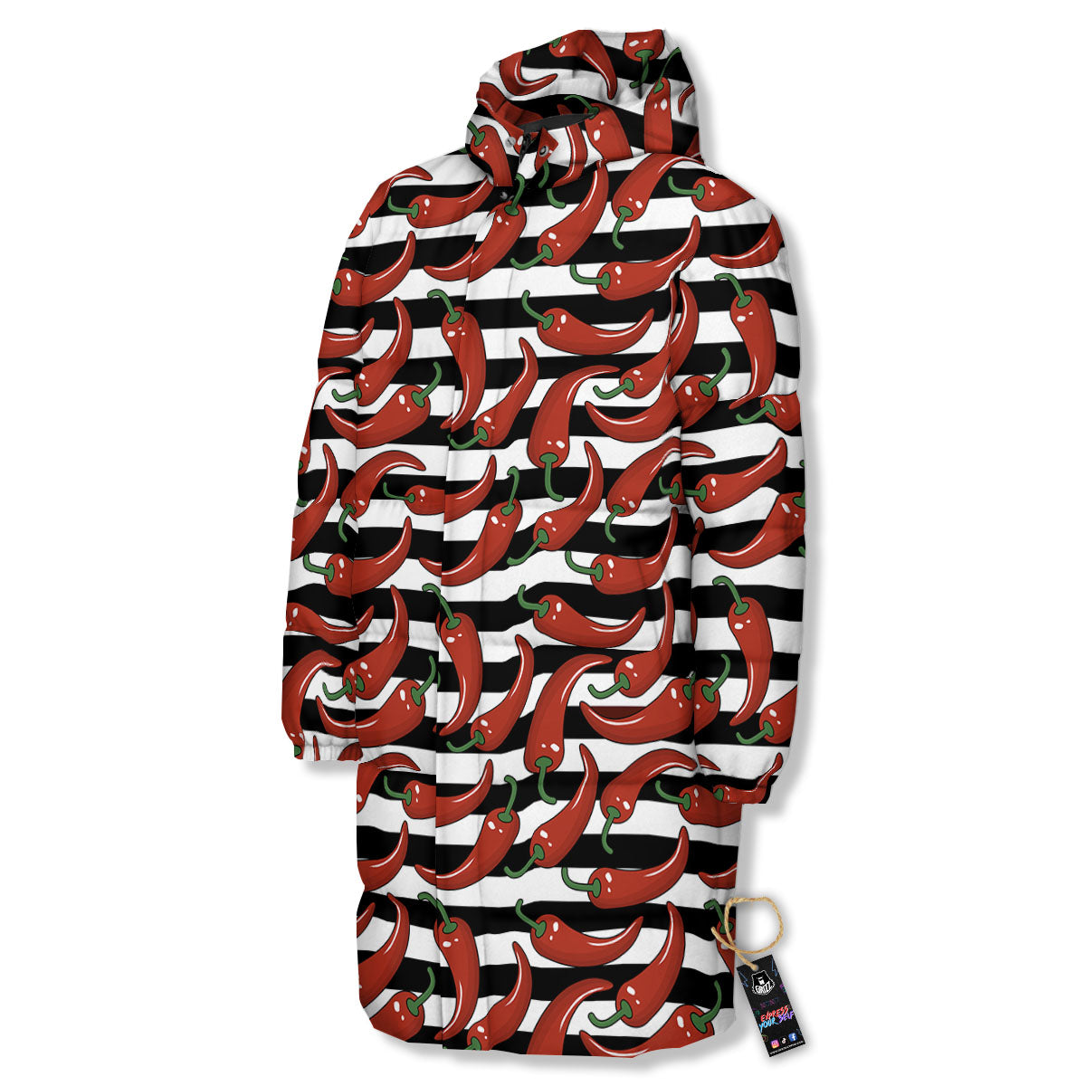 Striped Chili White And Black Print Long Down Jacket
