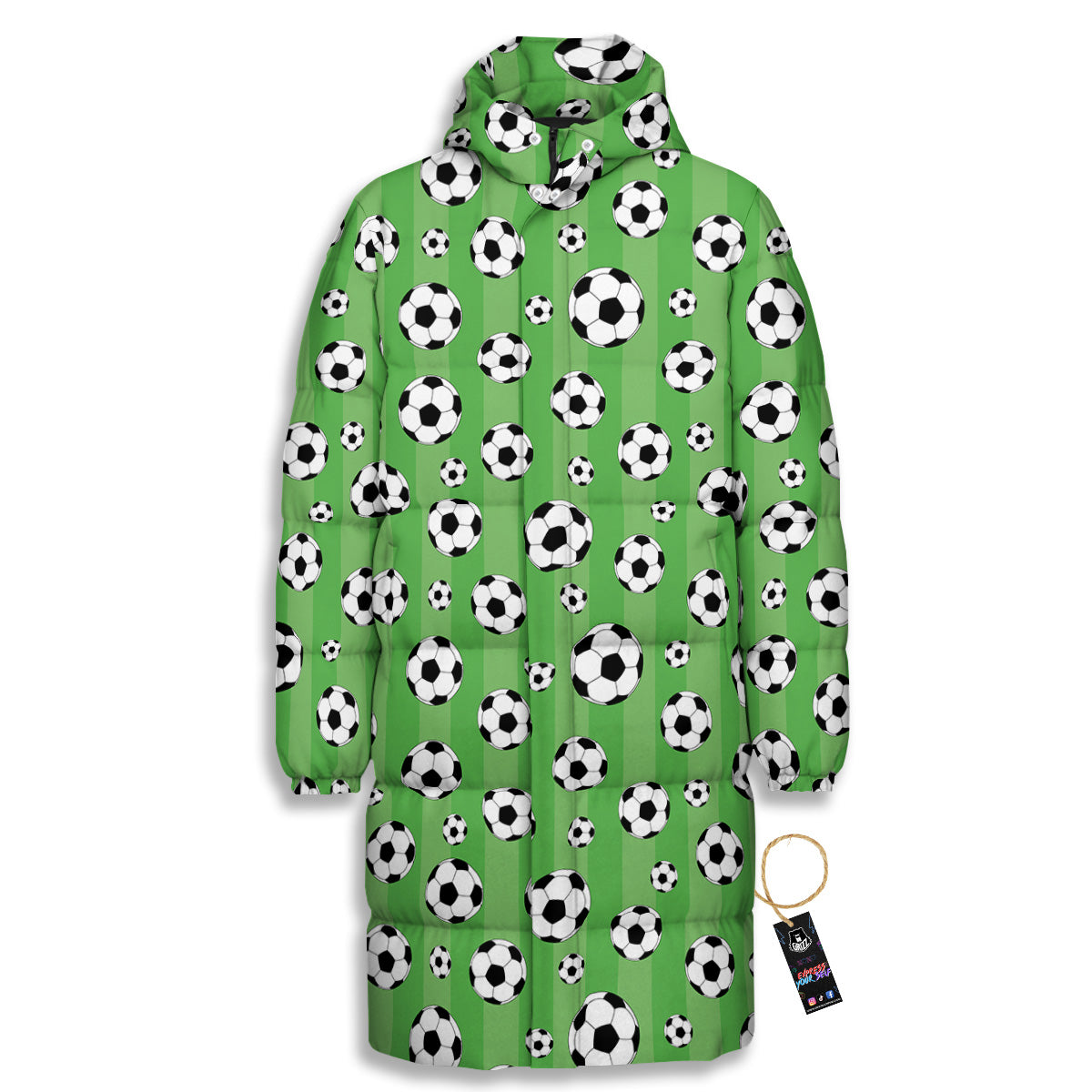 Striped Green Football Print Pattern Long Down Jacket
