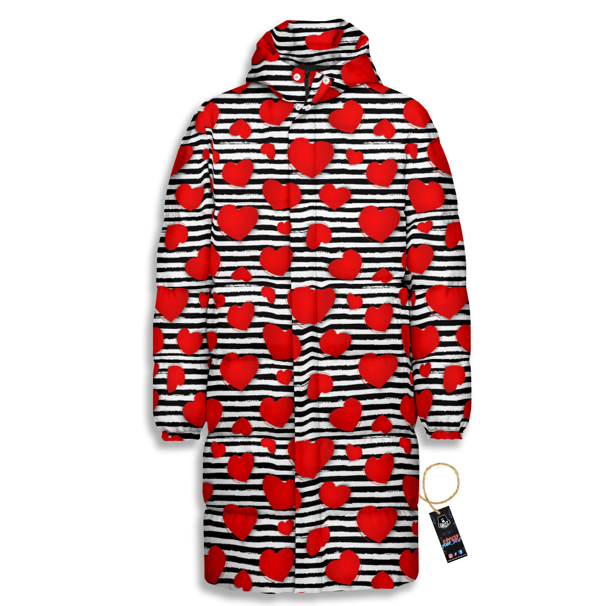 Striped Heart White And Black Print Long Down Jacket