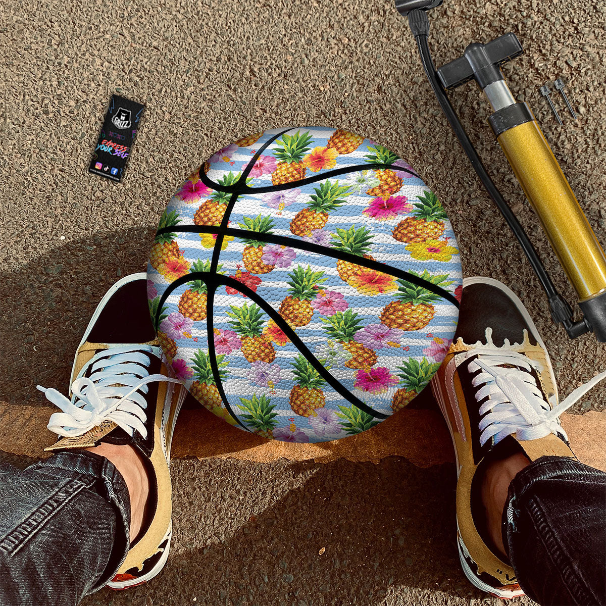 Striped Hibiscus And Pineapple Print Basketball