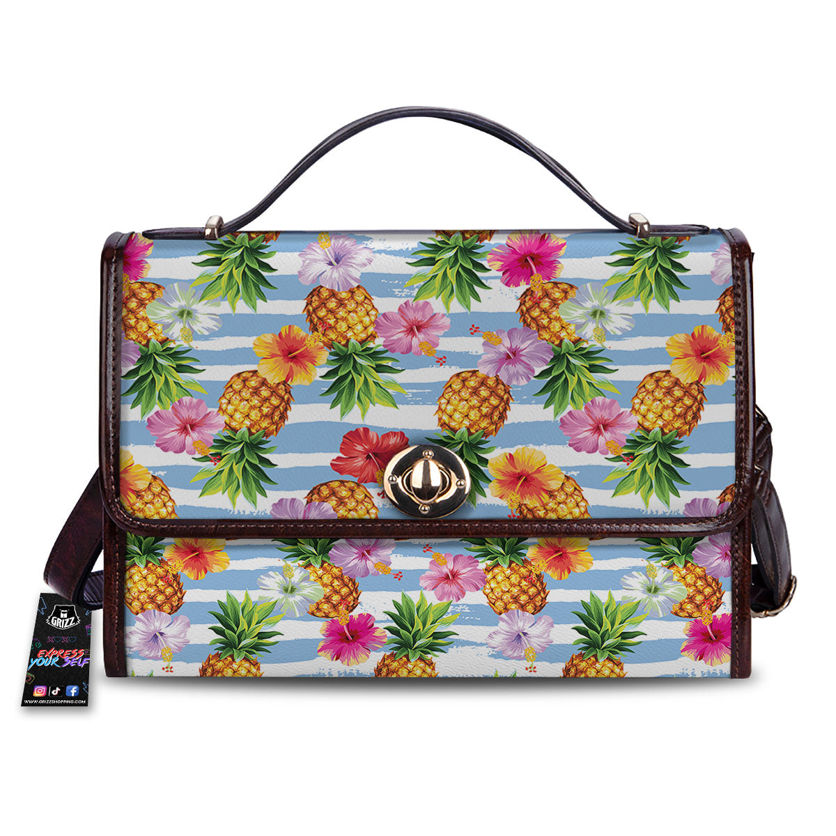Striped Hibiscus And Pineapple Print Women's Satchel Bag