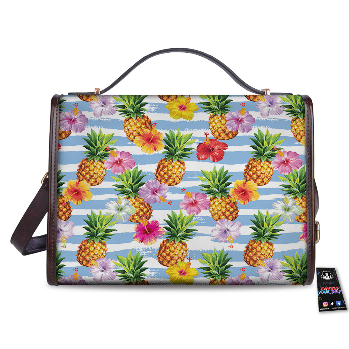 Striped Hibiscus And Pineapple Print Women's Satchel Bag
