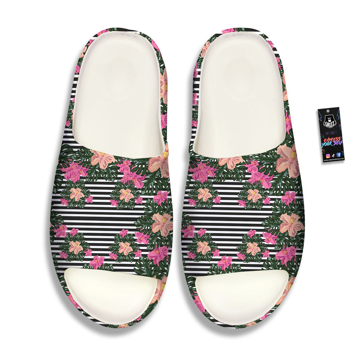 Striped Plumeria Flower Print Pattern Sandals-grizzshop