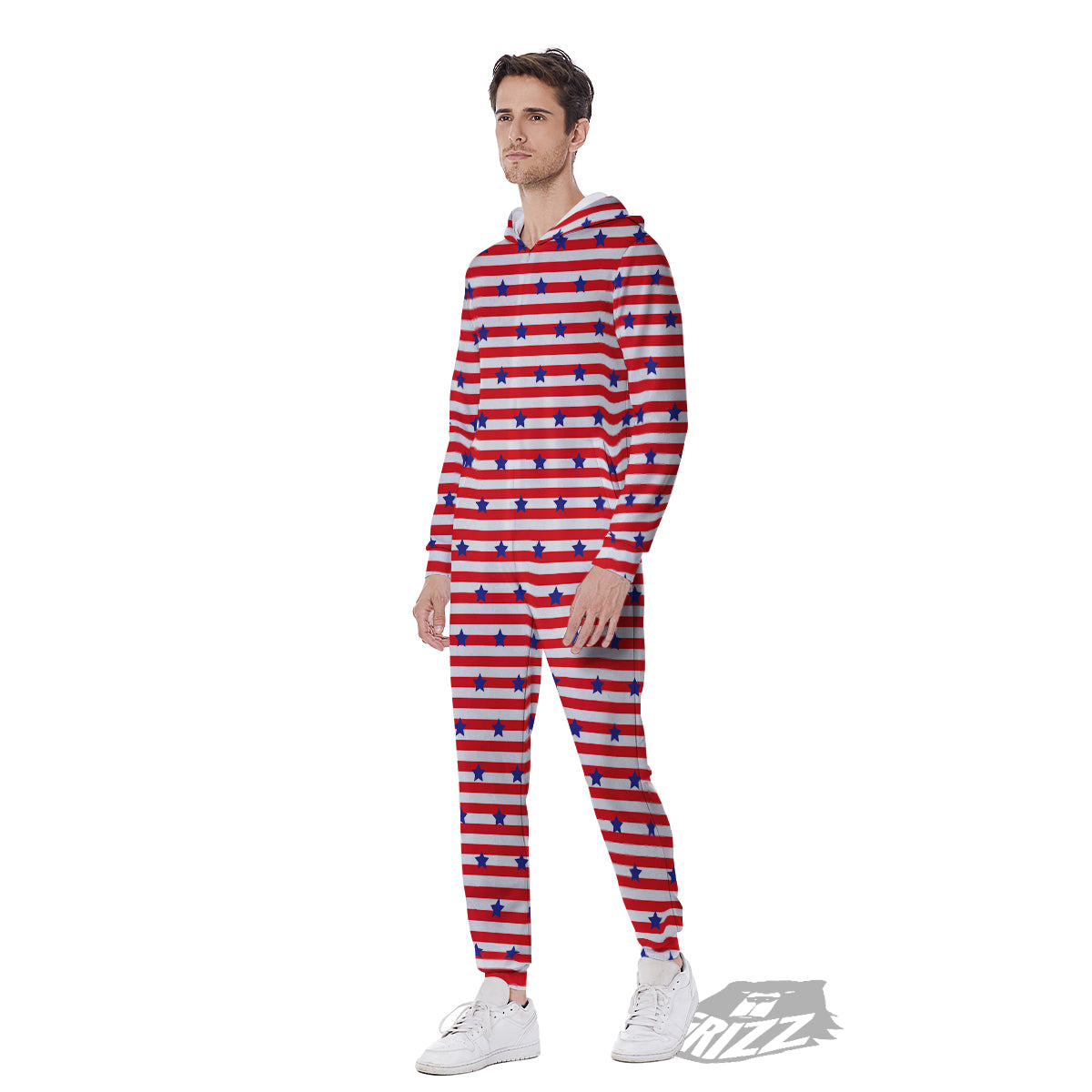 Striped USA Patriotic Print Pattern Men's Jumpsuit-grizzshop