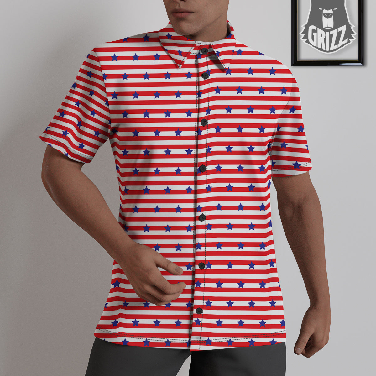 Striped USA Patriotic Print Pattern Untucked Shirts-grizzshop