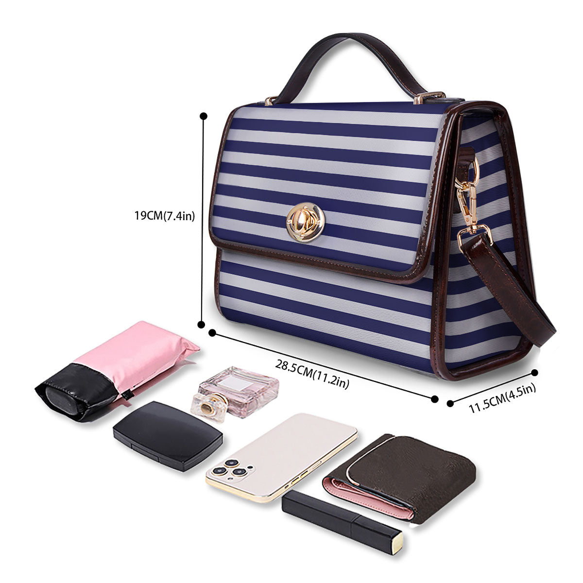 Striped White And Navy Print Pattern Women's Satchel Bag
