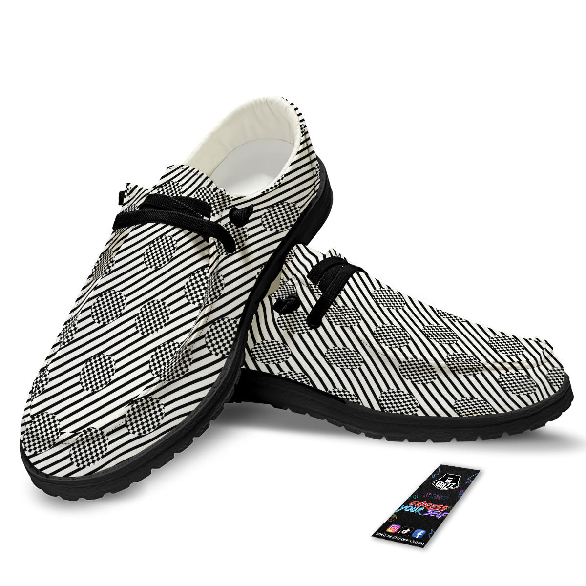 Stripes And Checkered Polka Dots Print Pattern Black Loafers-grizzshop