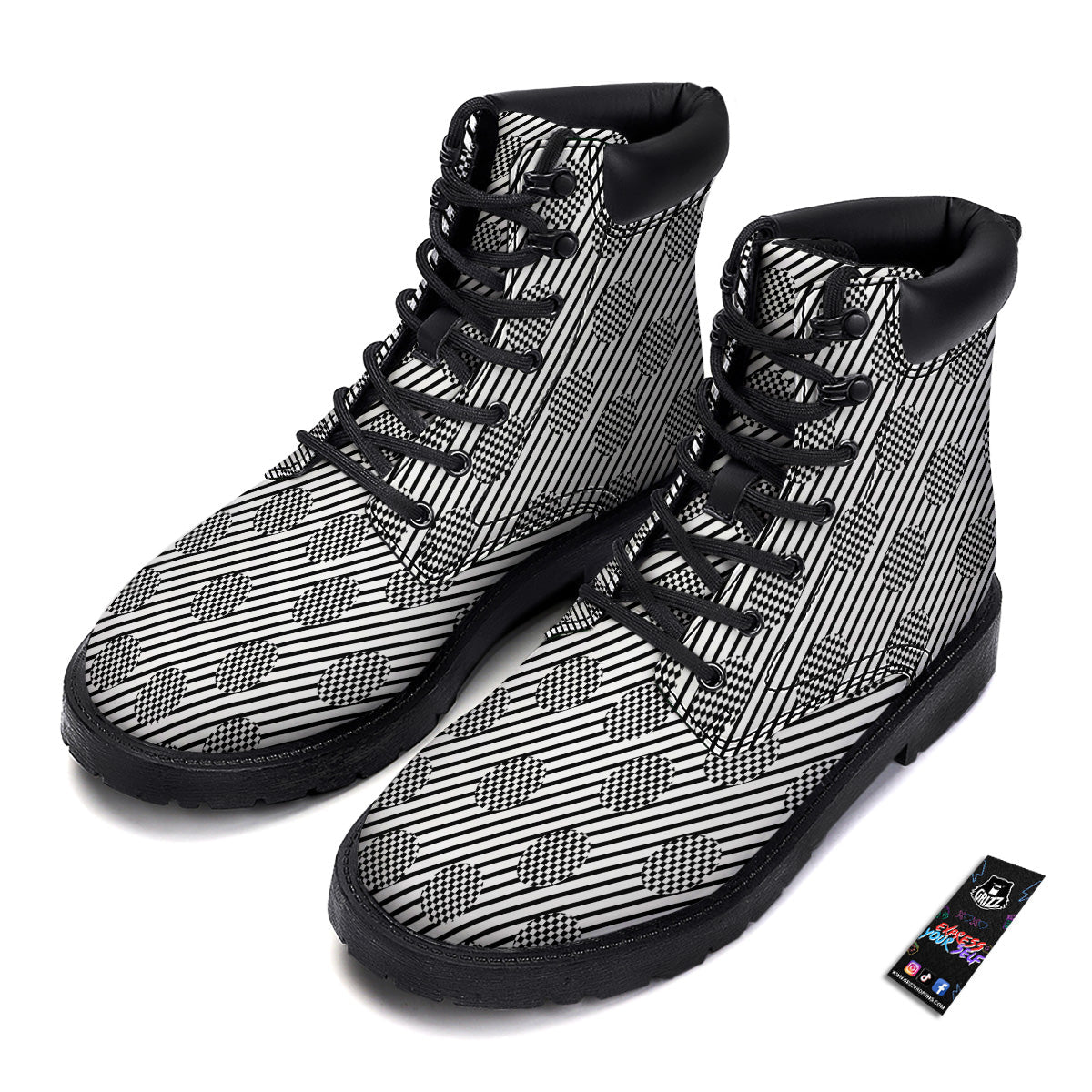 Stripes And Checkered Polka Dots Print Pattern Boots-grizzshop