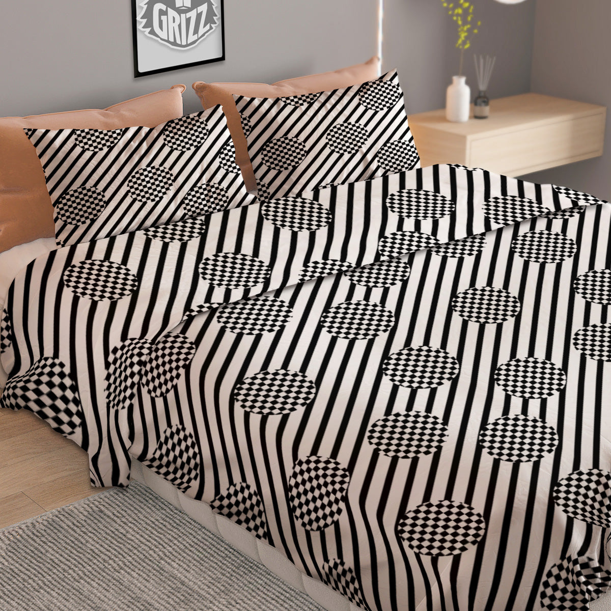 Stripes And Checkered Polka Dots Print Pattern Duvet Cover Bedding Set
