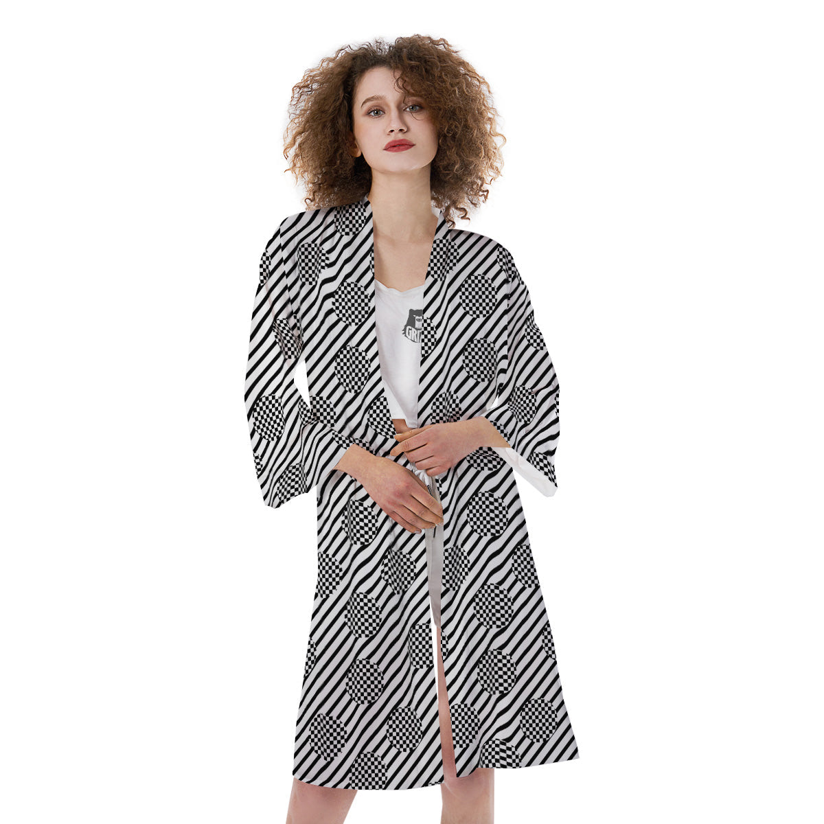 Stripes And Checkered Polka Dots Print Pattern Kimono-grizzshop