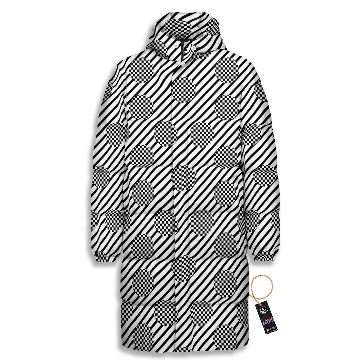 Stripes And Checkered Polka Dots Print Pattern Long Down Jacket-grizzshop