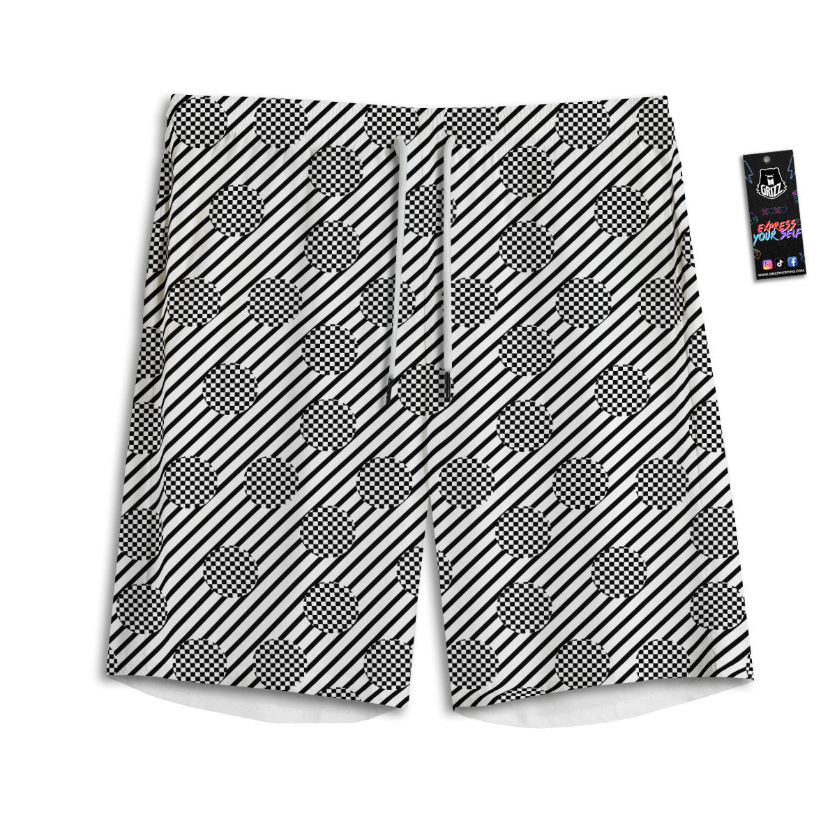 Stripes And Checkered Polka Dots Print Pattern Men's Athletic Shorts