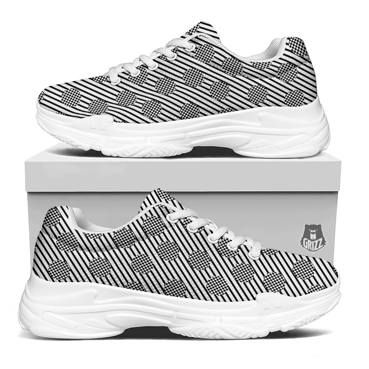 Stripes And Checkered Polka Dots Print Pattern White Chunky Shoes-grizzshop