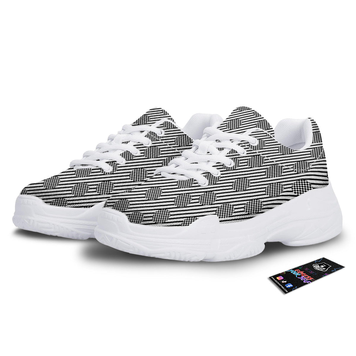 Stripes And Checkered Polka Dots Print Pattern White Chunky Shoes-grizzshop