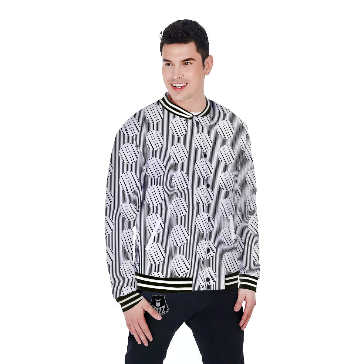 Stripes And Polka Dot Print Pattern Baseball Jacket-grizzshop