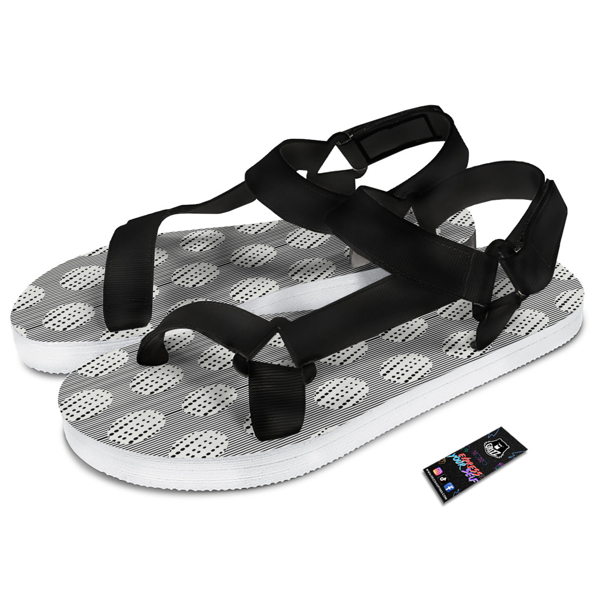 Stripes And Polka Dot Print Pattern Black Open Toe Sandals-grizzshop