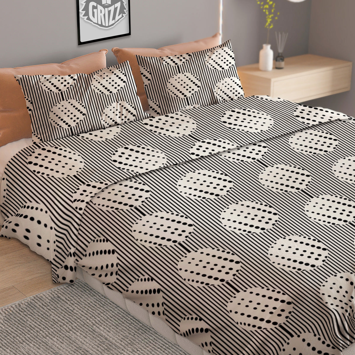 Stripes And Polka Dot Print Pattern Duvet Cover Bedding Set