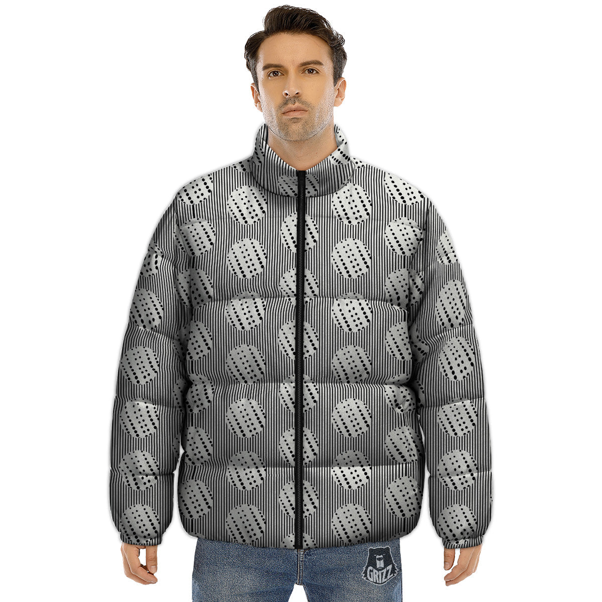 Stripes And Polka Dot Print Pattern Puffer Jacket-grizzshop