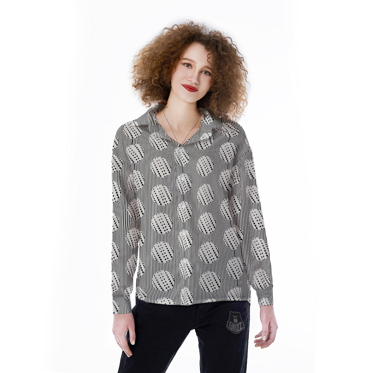 Stripes And Polka Dot Print Pattern Women's Long Sleeve Shirts-grizzshop