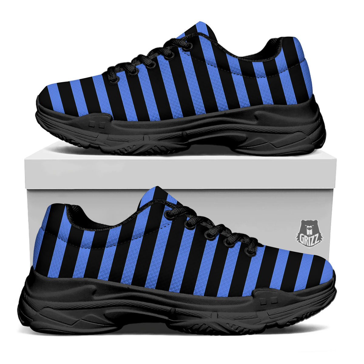 Stripes Black And Blue Print Pattern Black Chunky Shoes-grizzshop