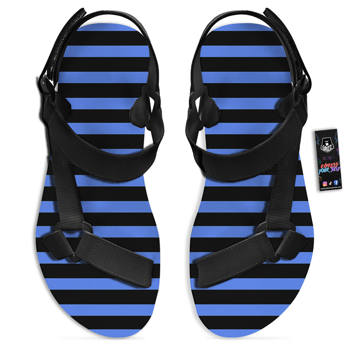 Stripes Black And Blue Print Pattern Black Open Toe Sandals-grizzshop