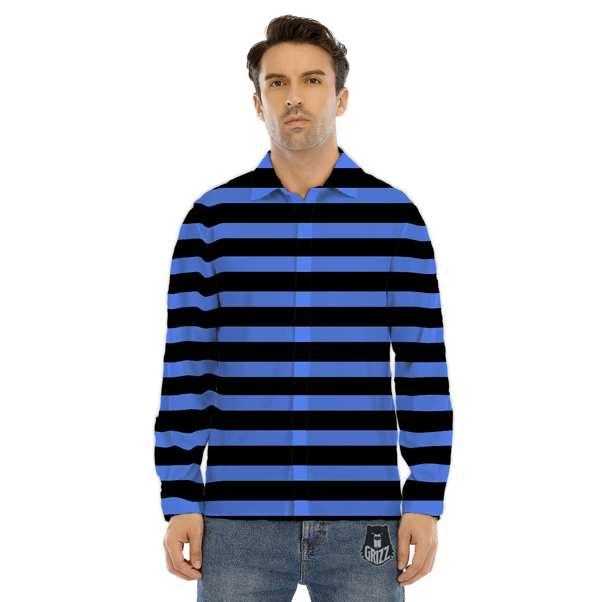 Stripes Black And Blue Print Pattern Men's Dress Shirts-grizzshop
