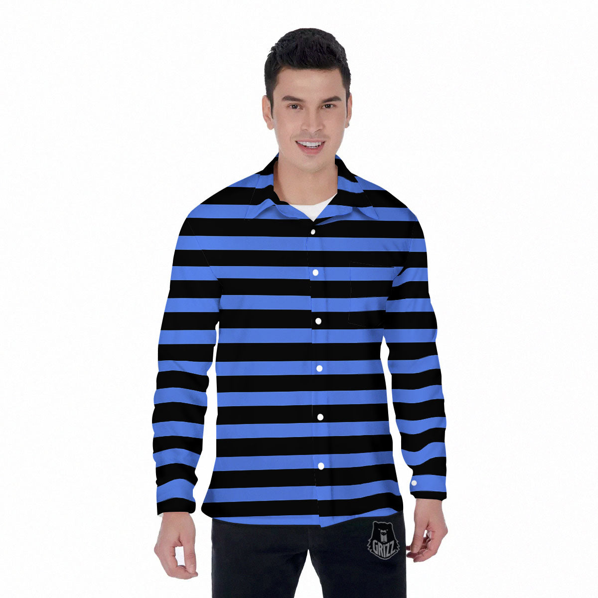 Stripes Black And Blue Print Pattern Men's Long Sleeve Shirts-grizzshop