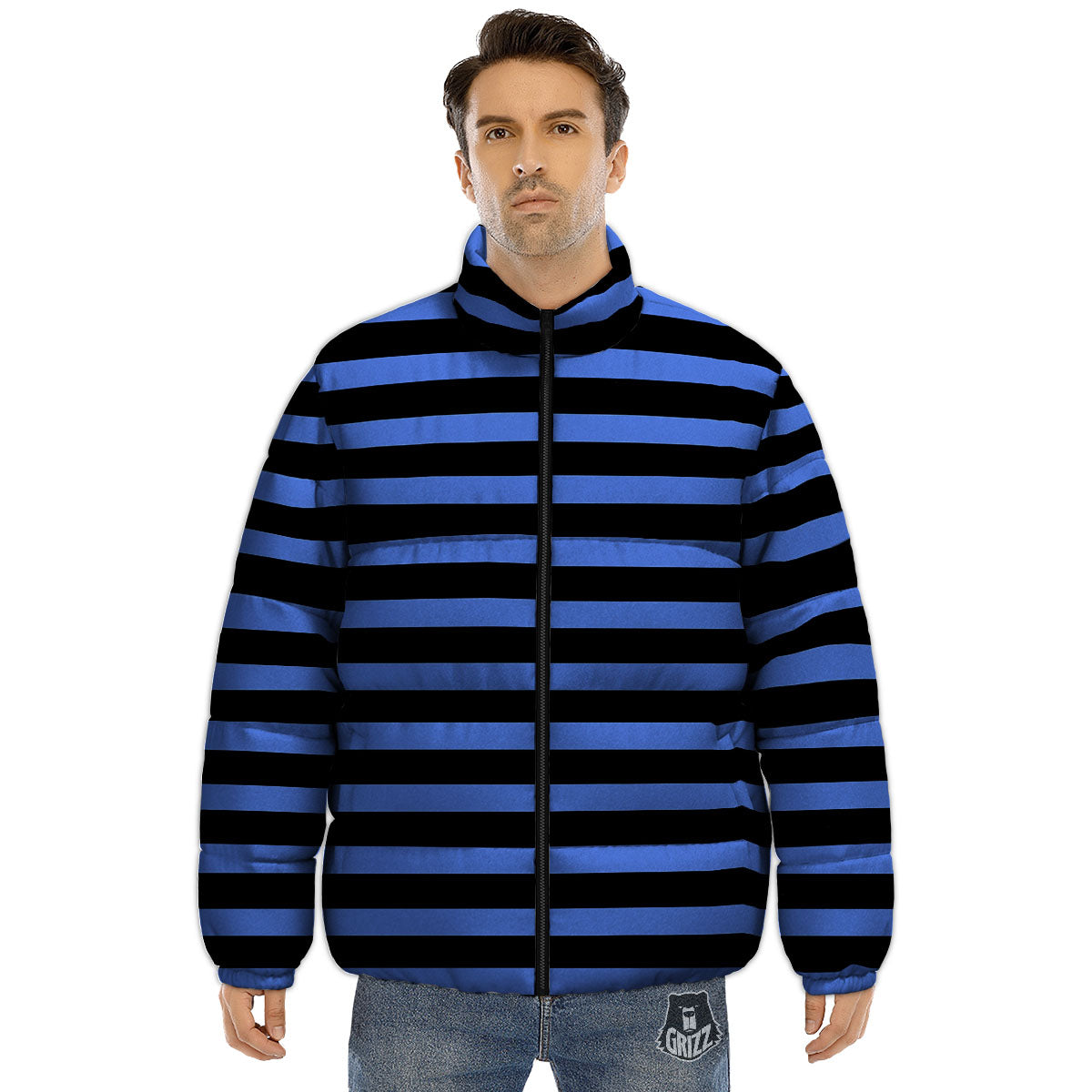 Stripes Black And Blue Print Pattern Puffer Jacket-grizzshop