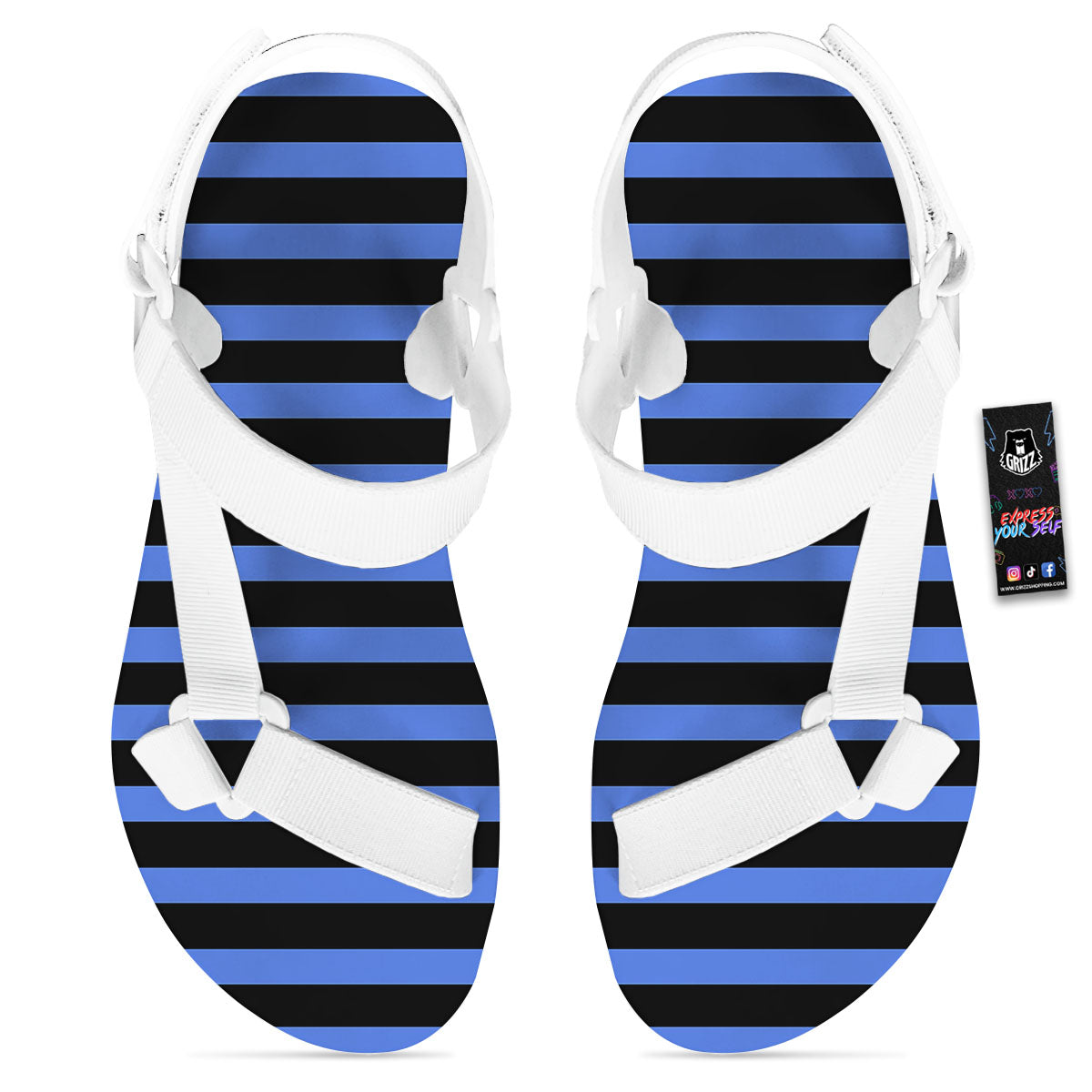 Stripes Black And Blue Print Pattern White Open Toe Sandals-grizzshop