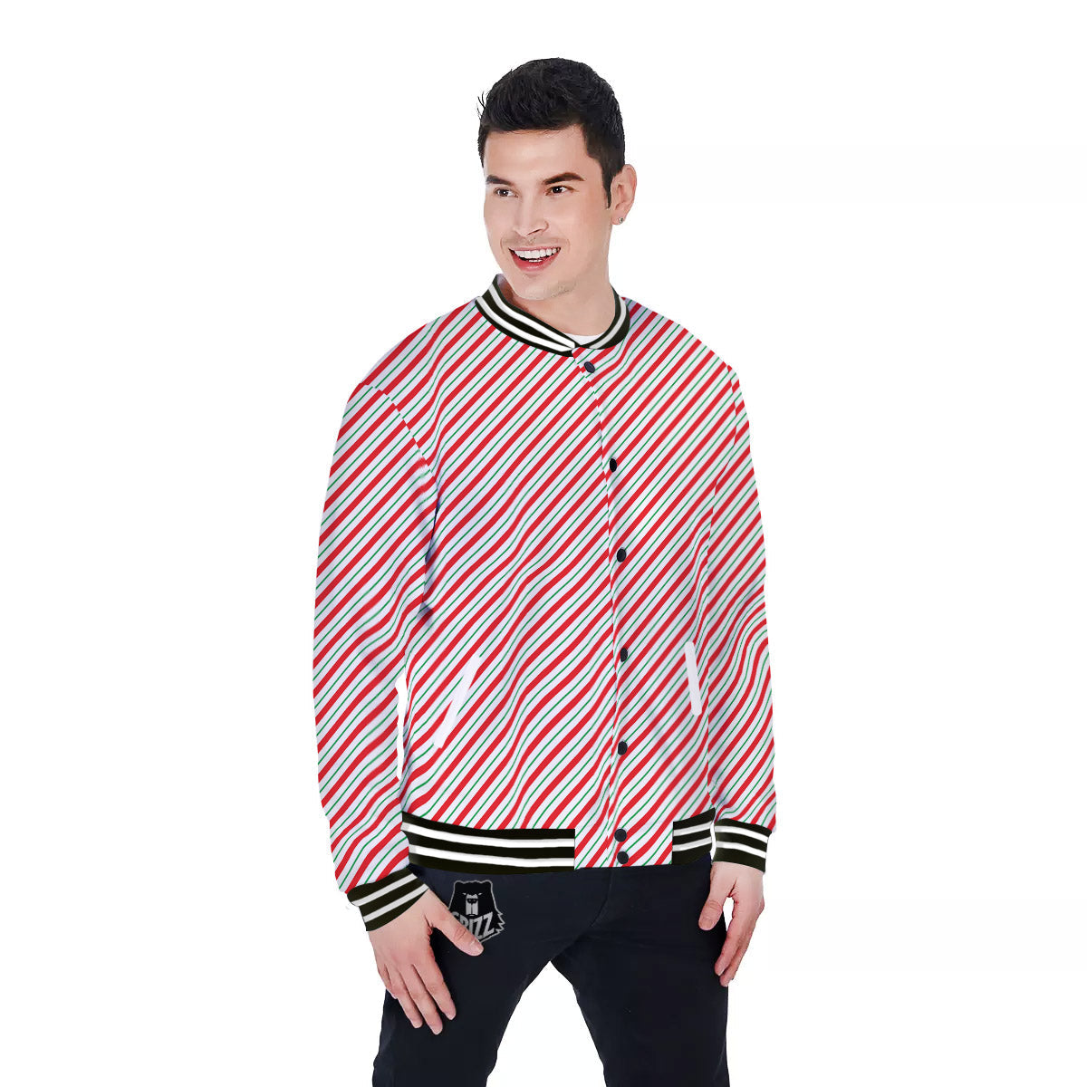 Stripes Candy Cane Print Pattern Baseball Jacket-grizzshop