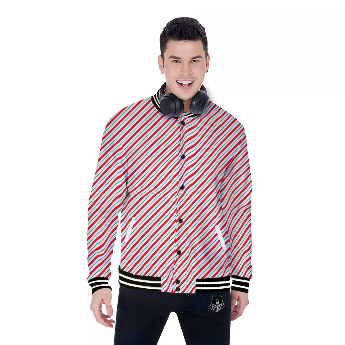 Stripes Candy Cane Print Pattern Baseball Jacket-grizzshop