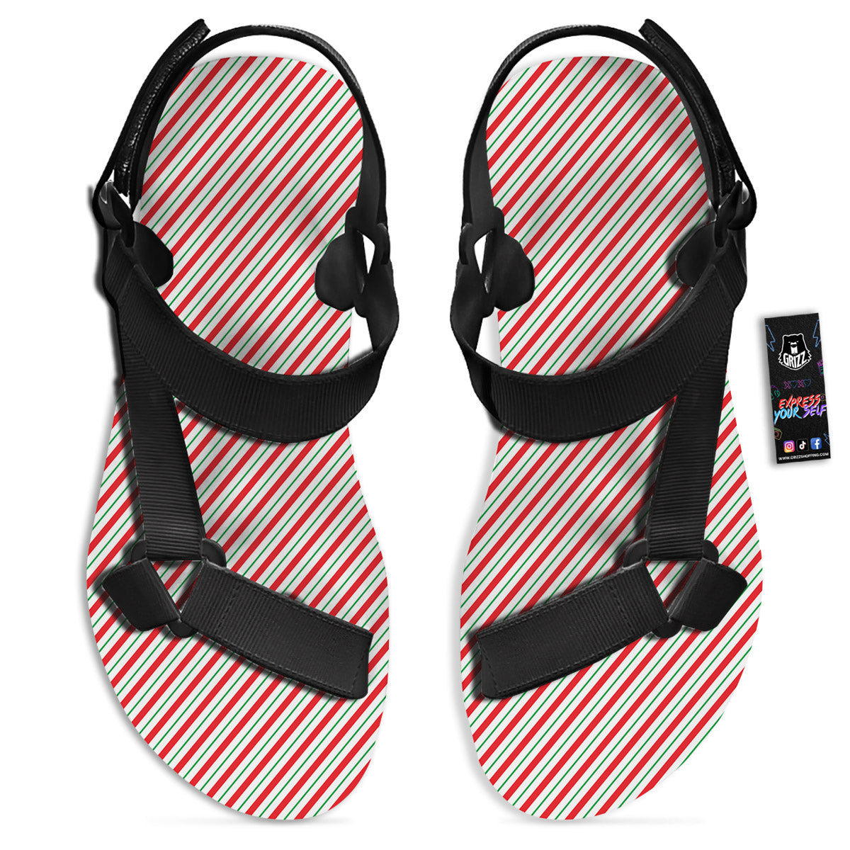 Stripes Candy Cane Print Pattern Black Open Toe Sandals-grizzshop