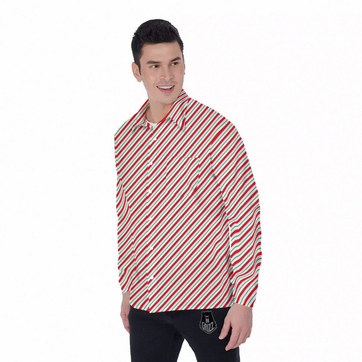 Stripes Candy Cane Print Pattern Men's Long Sleeve Shirts-grizzshop