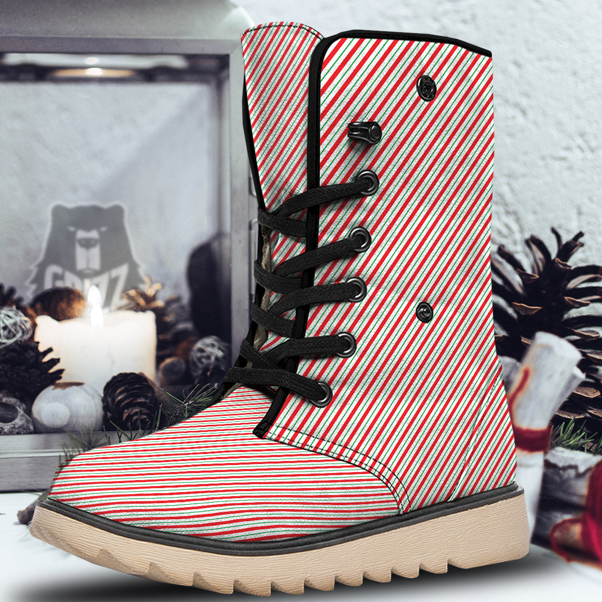 Stripes Candy Cane Print Pattern Snow Boots-grizzshop