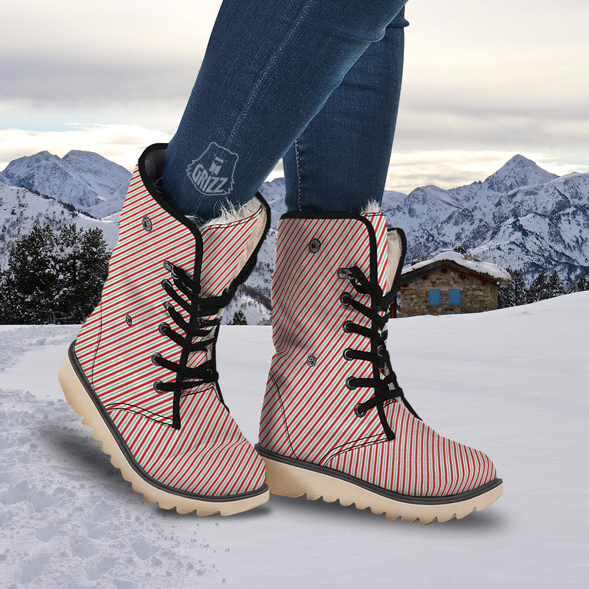 Stripes Candy Cane Print Pattern Snow Boots-grizzshop