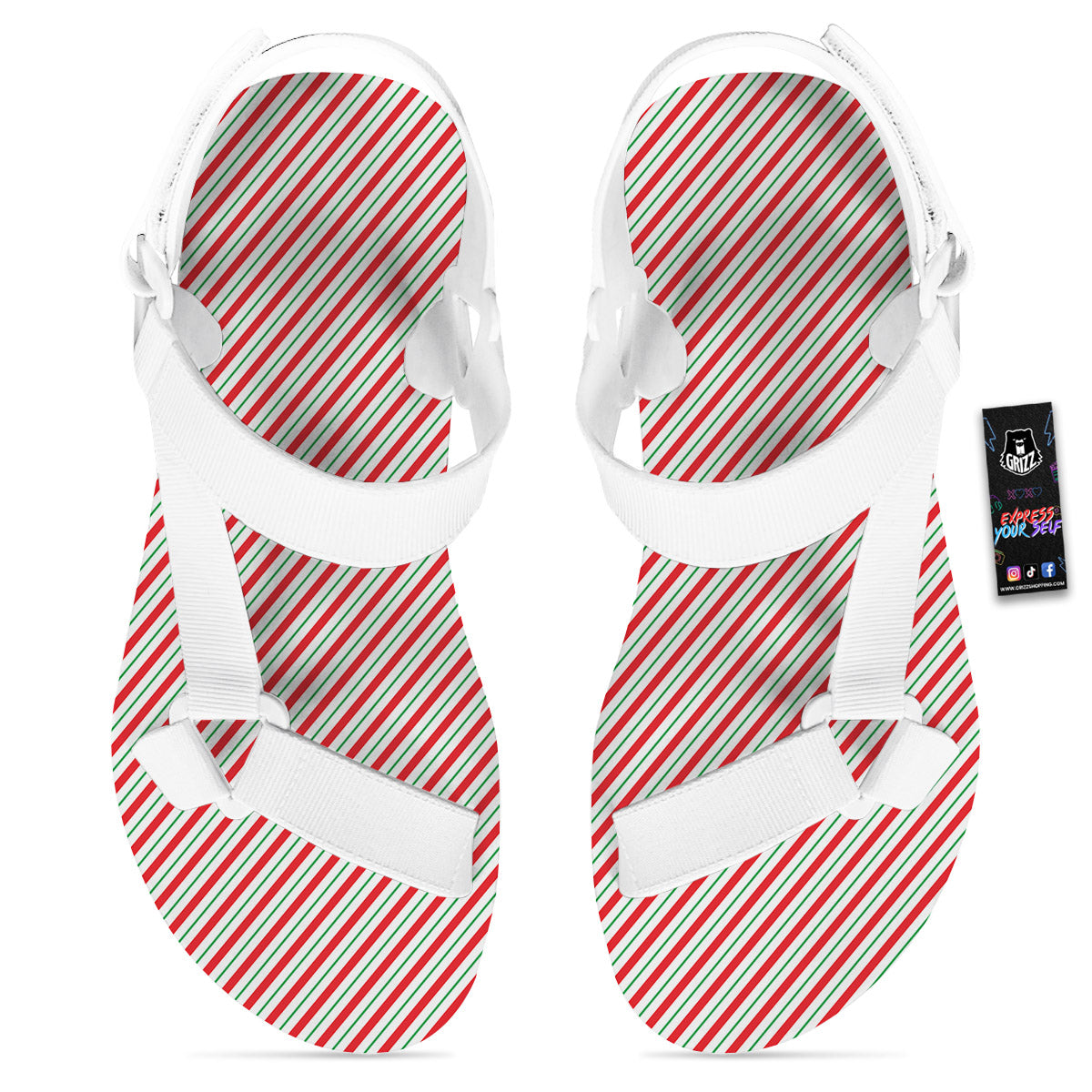 Stripes Candy Cane Print Pattern White Open Toe Sandals-grizzshop