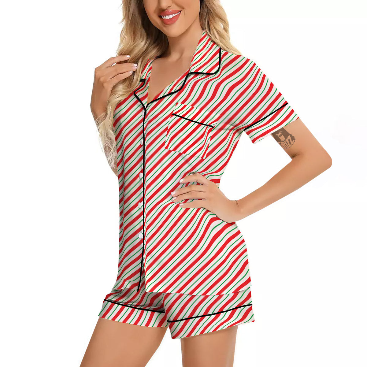 Stripes Candy Cane Print Pattern Women Silk Pajamas-grizzshop