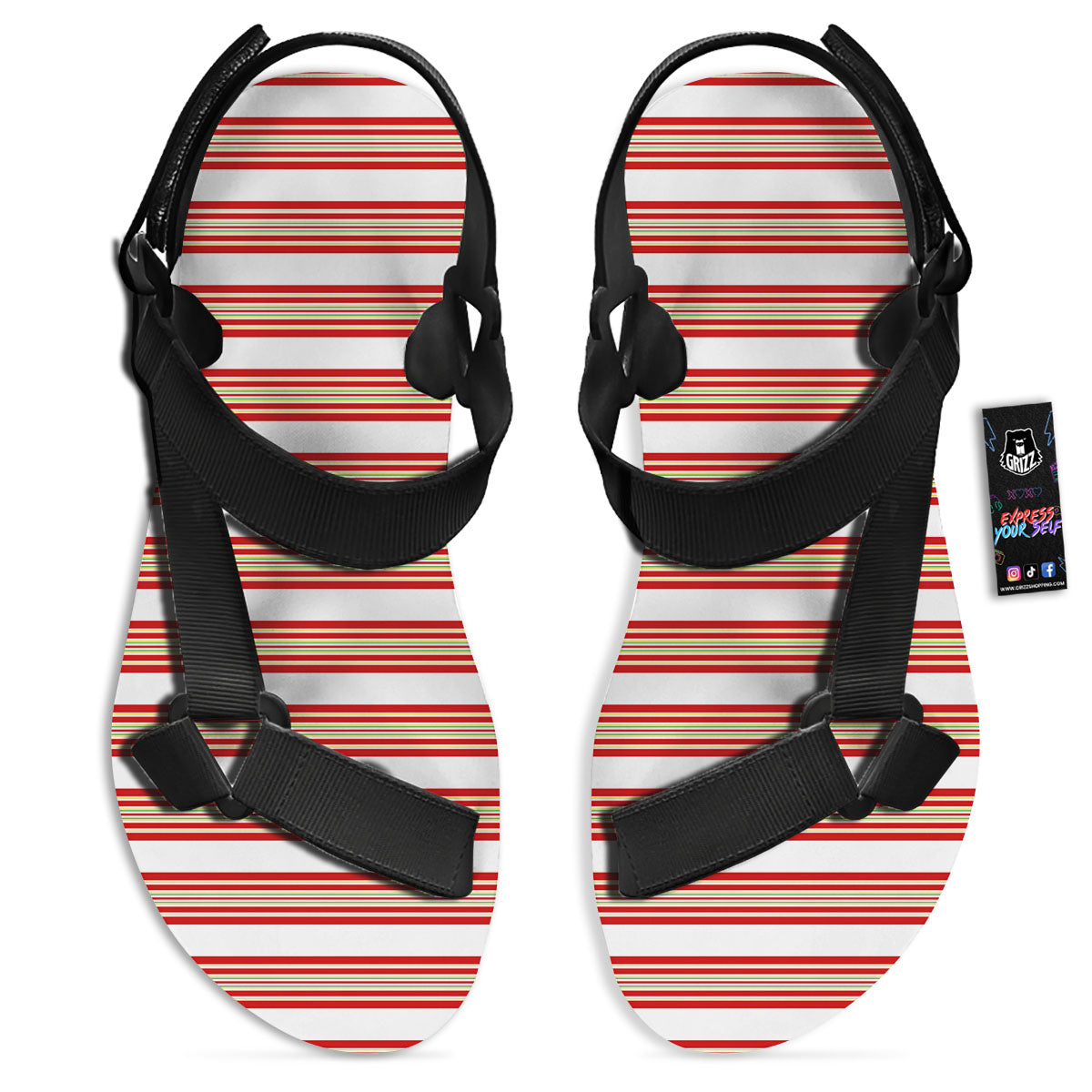 Stripes Merry Christmas Print Pattern Black Open Toe Sandals-grizzshop