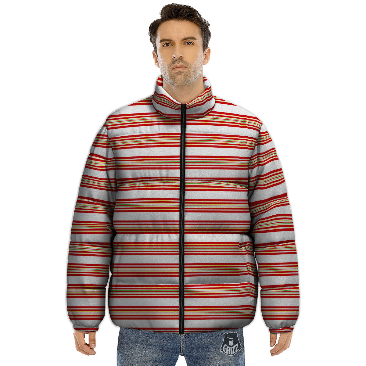 Stripes Merry Christmas Print Pattern Puffer Jacket-grizzshop