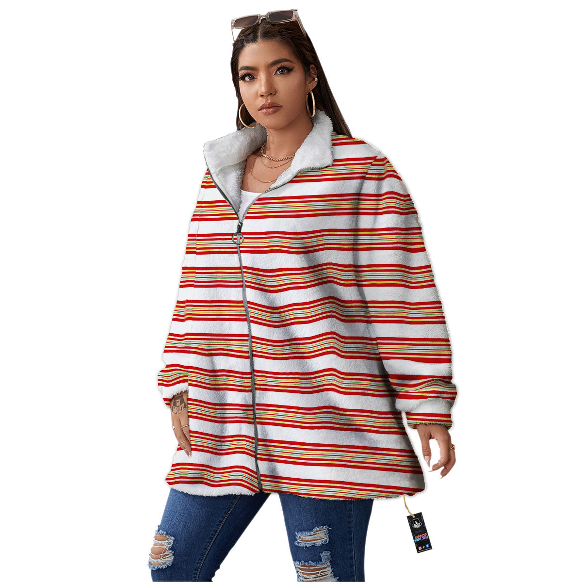 Stripes Merry Christmas Print Pattern Women's Sherpa Jacket-grizzshop