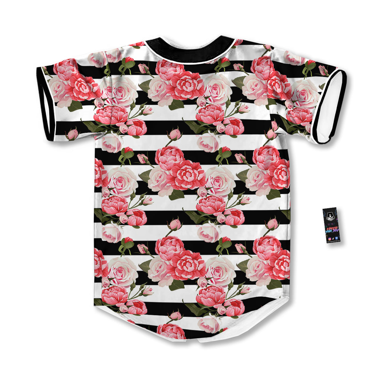 Stripes Peony And Roses Print Pattern Baseball Jersey-grizzshop