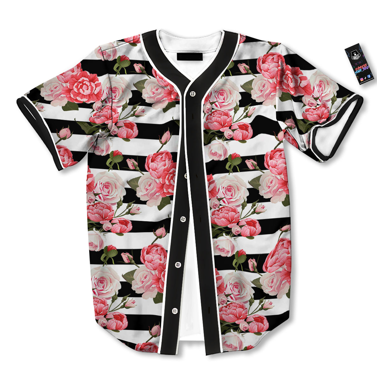 Stripes Peony And Roses Print Pattern Baseball Jersey-grizzshop