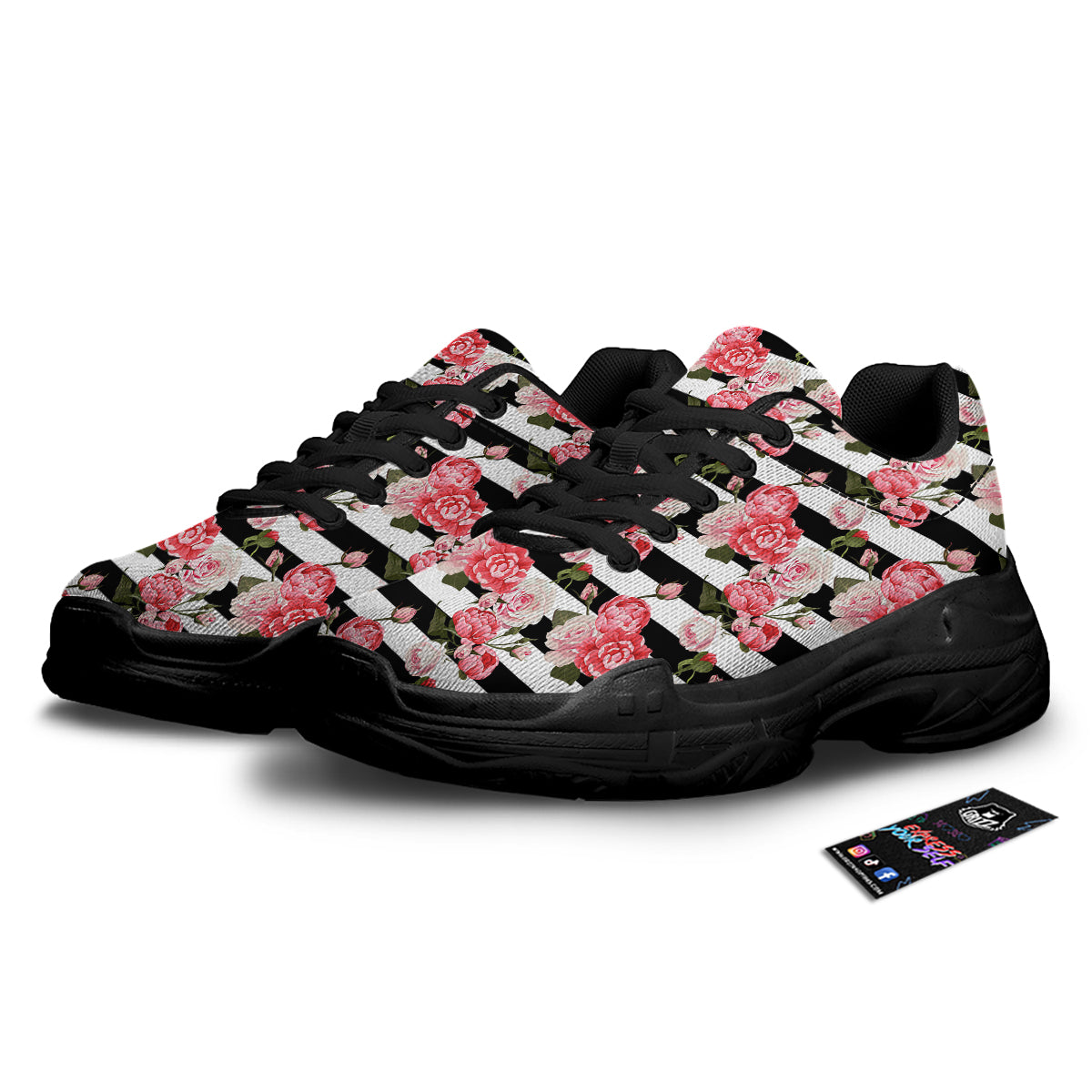 Stripes Peony And Roses Print Pattern Black Chunky Shoes-grizzshop